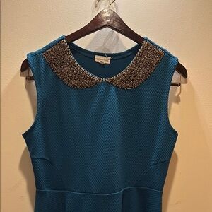 Sleeveless Teal Dress with Embellished Peter Pan Collar
